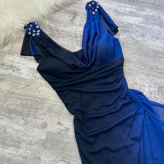 Vintage V neck Sheath Chiffon Long Prom Dresses, Gradient Blue Formal Evening Dresses ED04261