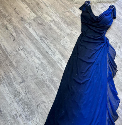 V neck Sheath Chiffon Long Prom Dresses, Gradient Blue Formal Evening Dresses HZ1024