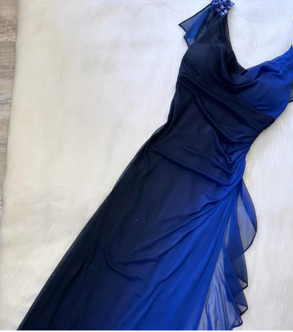 Vintage V neck Sheath Chiffon Long Prom Dresses, Gradient Blue Formal Evening Dresses ED04261