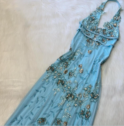 V neck Sheath Chiffon Beaded Long Prom Dresses, Blue Backless Formal Evening Dresses HZ1024