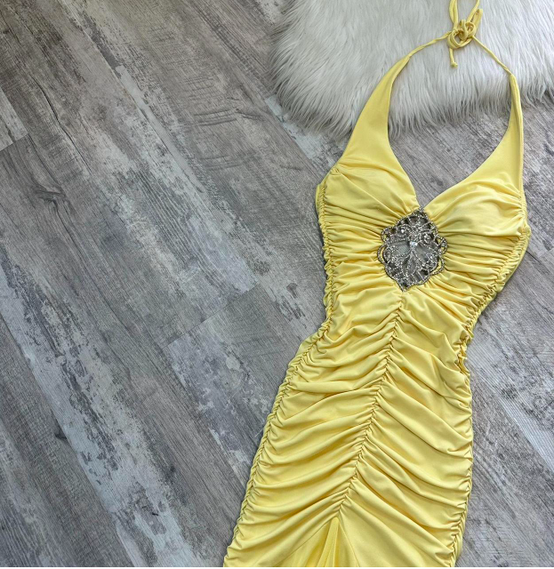 Halter Mermaid Chiffon Satin Long Prom Dresses, Yellow Formal Evening Dresses HZ1024