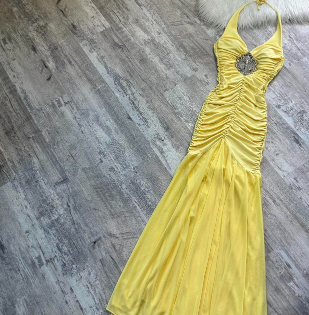Halter Mermaid Chiffon Satin Long Prom Dresses, Yellow Formal Evening Dresses HZ1024