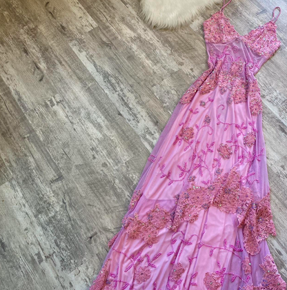 Vintage Spaghetti Strap Sheath Chiffon Beaded Long Prom Dresses, Pink Formal Evening Dresses ED04264