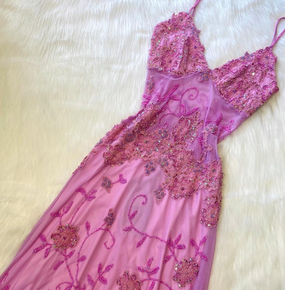 Vintage Spaghetti Strap Sheath Chiffon Beaded Long Prom Dresses, Pink Formal Evening Dresses ED04264