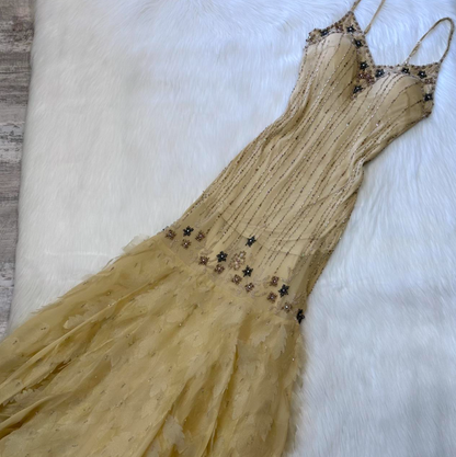 Spaghetti Strap Sheath Chiffon Beaded Long Prom Dresses, Yellow Formal Evening Dresses HZ1024