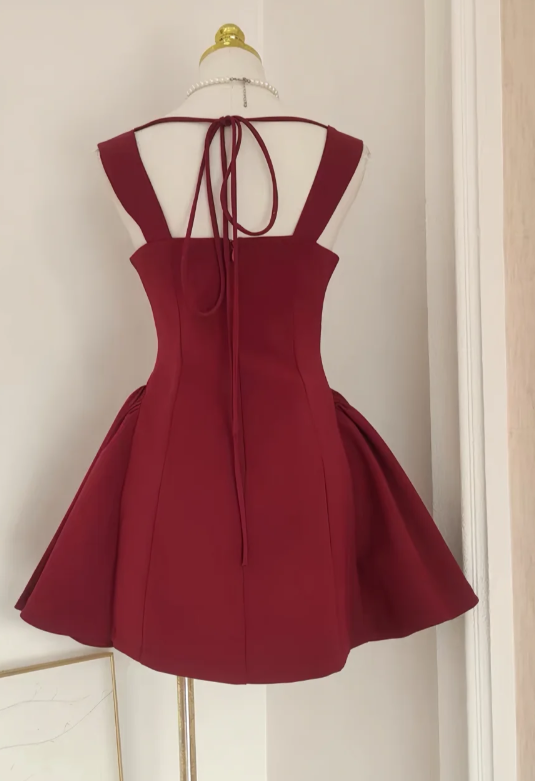 Square Neck A-Line Satin Short Prom Dresses, Burgundy Homecoming Dresses, Sweet Birthday Dresses HZ1024
