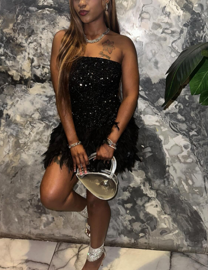 Strapless Bodycon Short Prom Dresses, Black Homecoming Dresses, Sequined Birthday Dresses HZ1024