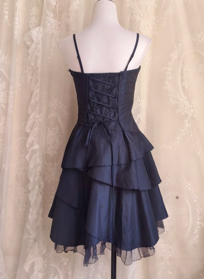 Vintage Spaghetti Straps A-line Satin Short Prom Dresses,Navy  Blue Homecoming Dresses 18th Birthday Dresses ED04297