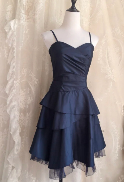 Vintage Spaghetti Straps A-line Satin Short Prom Dresses,Navy  Blue Homecoming Dresses 18th Birthday Dresses ED04297