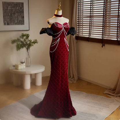 Mermaid Sweetheart Neck Velvet Beads Long Prom Dress Burgundy Wedding Guest Dress Pretty Birthday Dress ED043