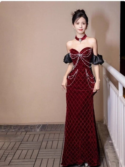 Mermaid Sweetheart Neck Velvet Beads Long Prom Dress Burgundy Wedding Guest Dress Pretty Birthday Dress ED043