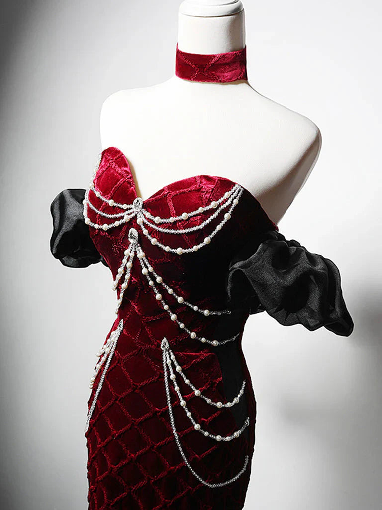 Mermaid Sweetheart Neck Velvet Beads Long Prom Dress Burgundy Wedding Guest Dress Pretty Birthday Dress ED043