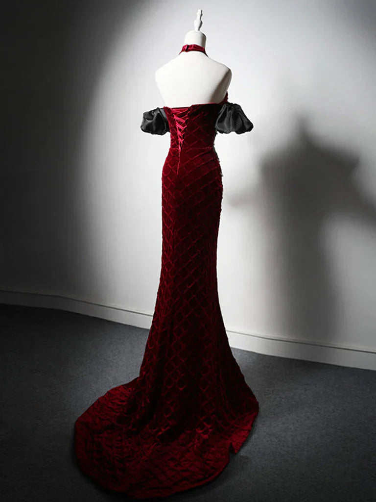Mermaid Sweetheart Neck Velvet Beads Long Prom Dress Burgundy Wedding Guest Dress Pretty Birthday Dress ED043