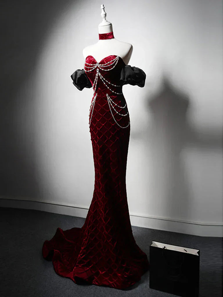 Sweetheart Neck Velvet Beads Long Prom Dress Burgundy Wedding Guest Dress Pretty Birthday Dress HZ1024