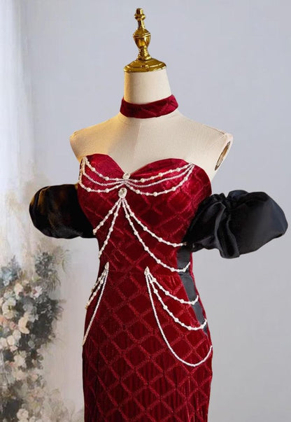 Mermaid Sweetheart Neck Velvet Beads Long Prom Dress Burgundy Wedding Guest Dress Pretty Birthday Dress ED043