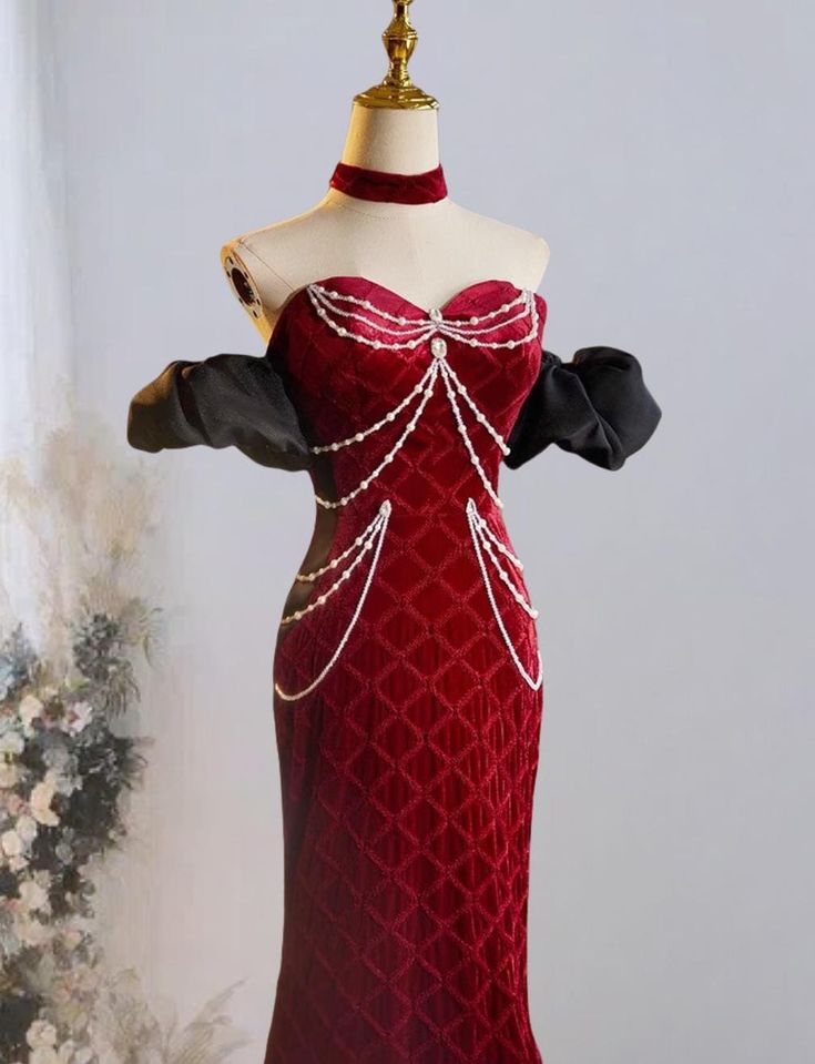 Sweetheart Neck Velvet Beads Long Prom Dress Burgundy Wedding Guest Dress Pretty Birthday Dress HZ1024