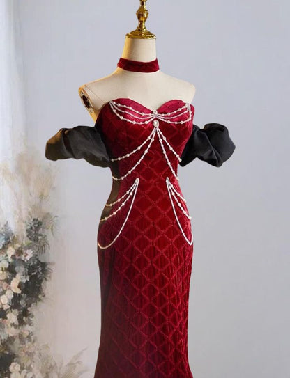 Mermaid Sweetheart Neck Velvet Beads Long Prom Dress Burgundy Wedding Guest Dress Pretty Birthday Dress ED043