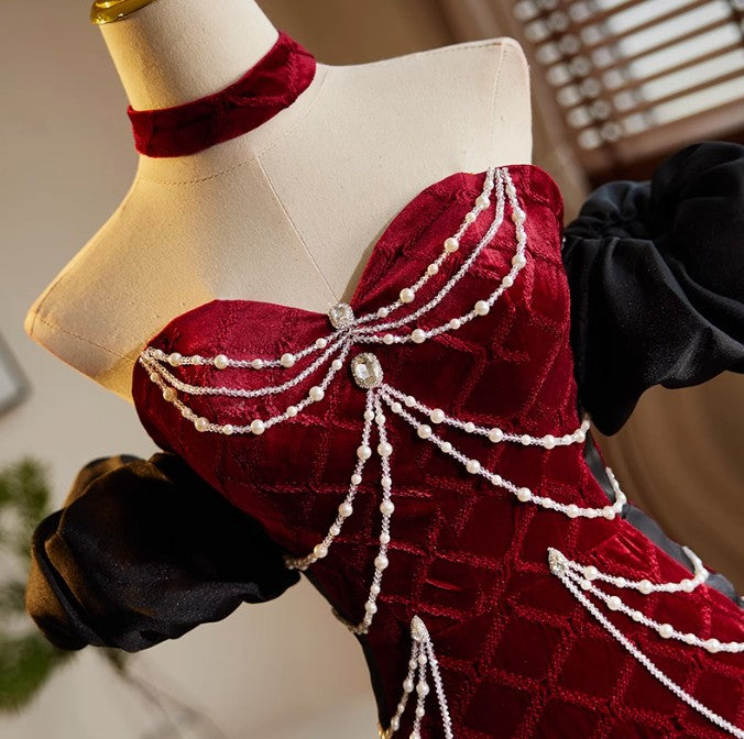 Mermaid Sweetheart Neck Velvet Beads Long Prom Dress Burgundy Wedding Guest Dress Pretty Birthday Dress ED043