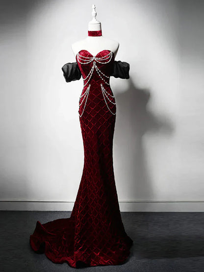 Sweetheart Neck Velvet Beads Long Prom Dress Burgundy Wedding Guest Dress Pretty Birthday Dress HZ1024