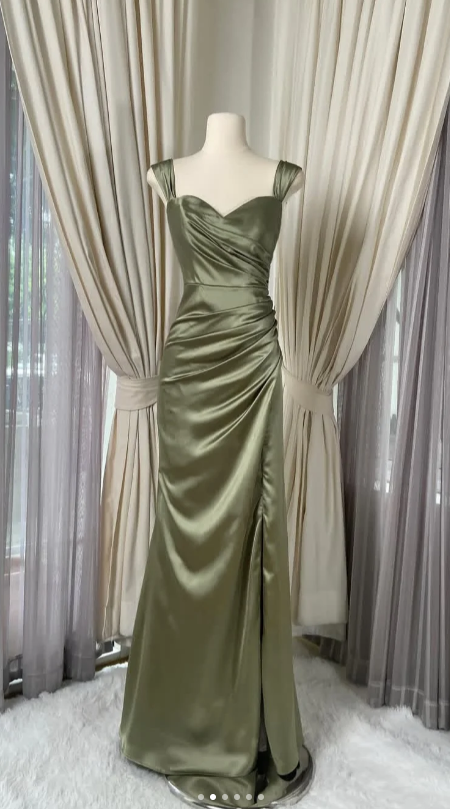 V-neck Sheath Satin Prom Dresses, Oliver Green Formal Evening Dresses HZ1024