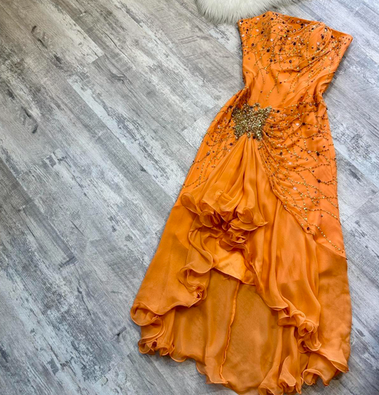 Vintage Strapless Sheath Chiffon Beaded Short Prom Dresses,Orange Homecoming Dressess ED04307