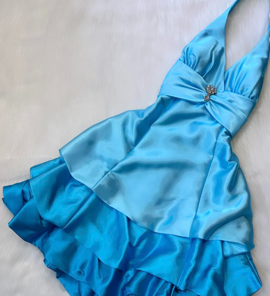 Halter A-Line Satin Short Prom Dresses, Open Back Birthday Dresses, Blue Homecoming Dresses HZ1024