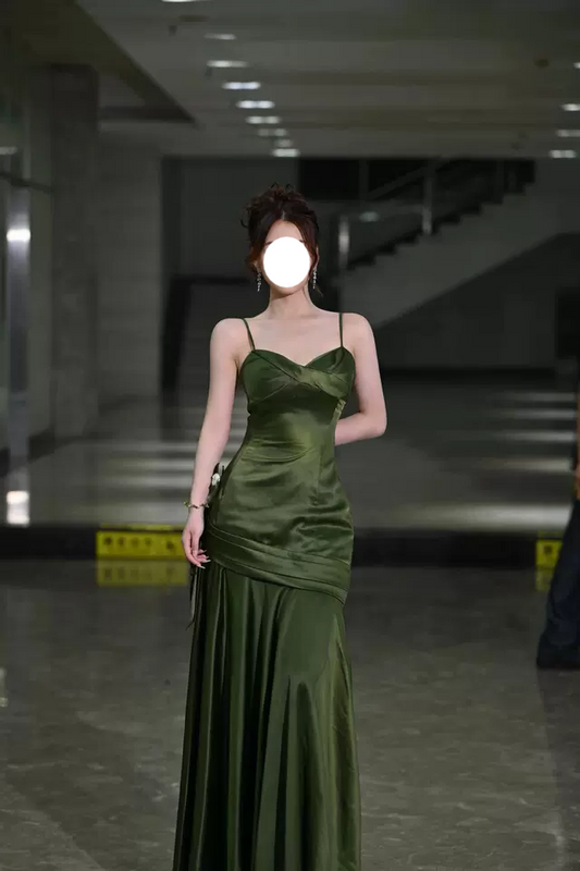 Backless Green Satin Slip Dress HZ1024