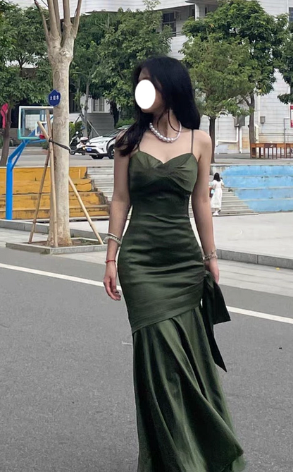 Backless Green Satin Slip Dress HZ1024