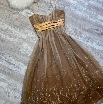 A-line Tulle Short Prom Dresses, Brown Homecoming Dresses, Spaghetti Strap Birthday Dresses HZ1024
