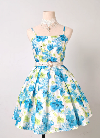 Spaghetti Strap A-line Blue Homecoming Dress Floral Birthday Dresses HZ1024