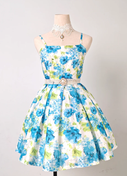 Spaghetti Strap A-line Blue Homecoming Dress Floral Birthday Dresses HZ1024