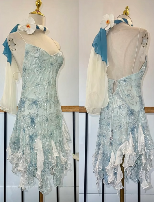 Vintage Spaghetti Strap Sheath Beaded Chiffon Short Prom Dresses, Blue Backless Homecoming Dresses ED04346