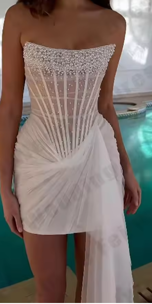 Strapless Bodycon Beaded Tulle Short Prom Dresses, White Homecoming Dresses HZ1024