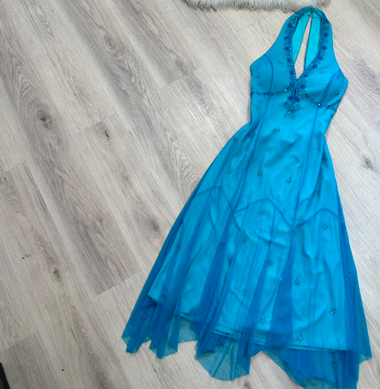 Vintage Halter Sheath Chiffon Beaded Short Prom Dresses, Blue Homecoming Dresses ED04358