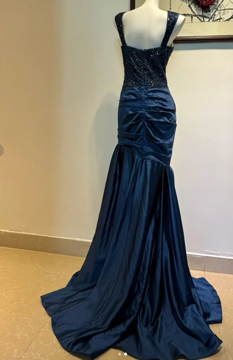 Vintage Sweetheart Mermaid Satin Sequin Long Prom Dresses, Navy Blue Formal Evening Dresses ED04362