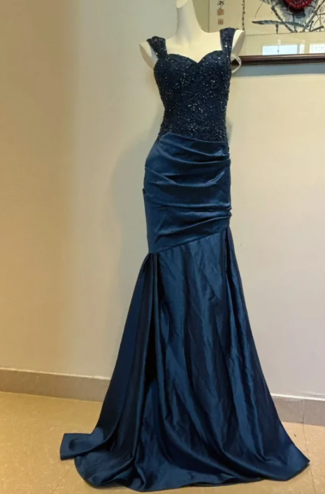 Sweetheart Mermaid Satin Sequin Long Prom Dresses, Navy Blue Formal Evening Dresses HZ1024