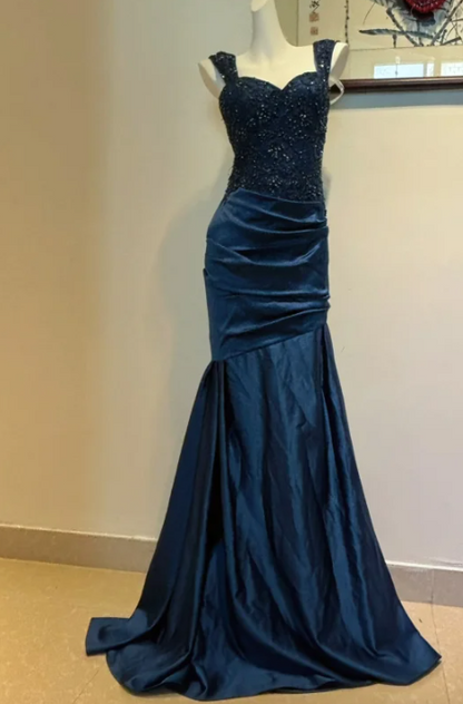 Vintage Sweetheart Mermaid Satin Sequin Long Prom Dresses, Navy Blue Formal Evening Dresses ED04362