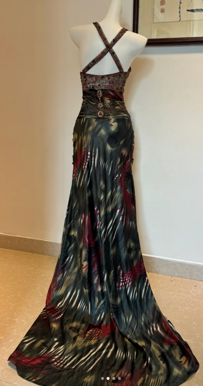 V neck Sheath Satin Beaded Long Prom Dresses, Pleated Formal Evening Dresses HZ1024