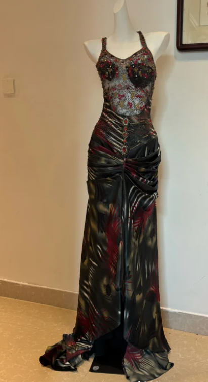 Vintage V neck Sheath Satin Beaded Long Prom Dresses, Pleated Formal Evening Dresses ED04363