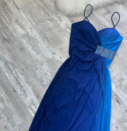 Spaghetti Strap Sheath Chiffon Long Prom Dresses, Blue Formal Evening Dresses HZ1024