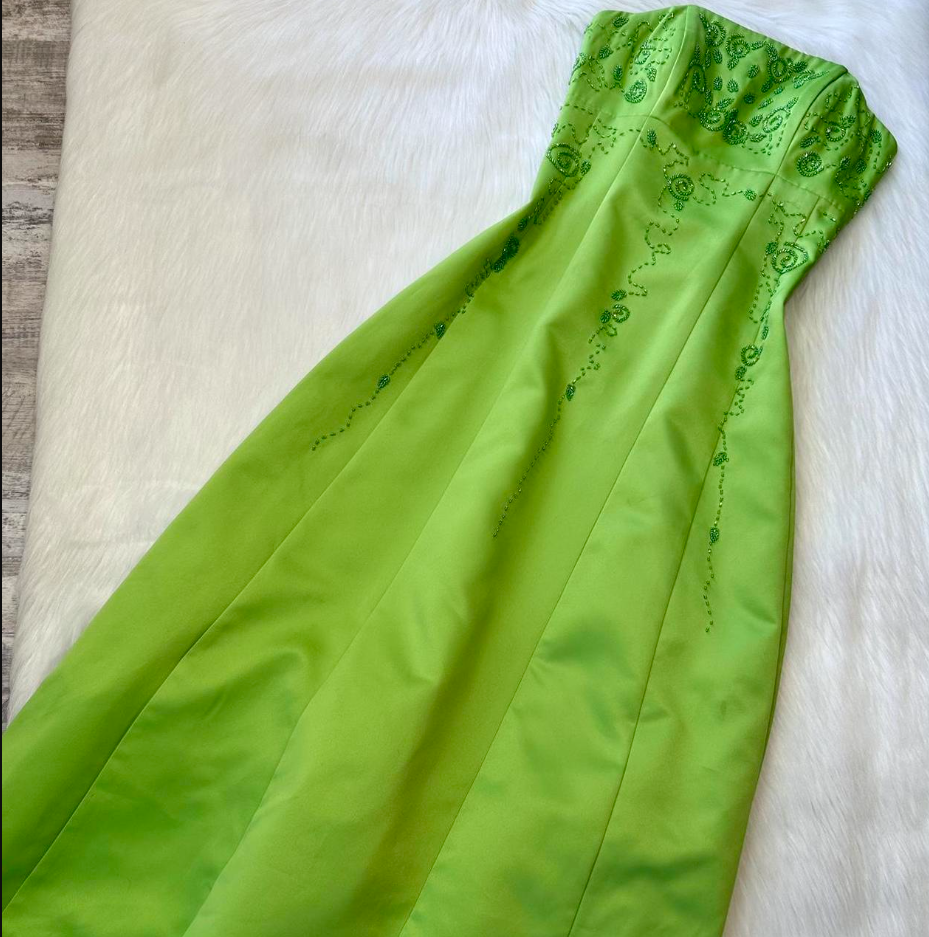 Strapless A-Line Satin Beaded Long Prom Dresses, Green Formal Evening Dresses HZ1024