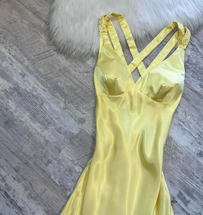 Vintage A-Line Yellow Formal Dresses, V Neck A-Line Long  Guest Dresses, Open Back Evening Gowns ED04371