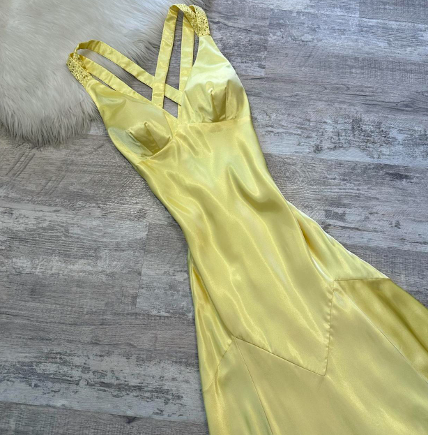 Vintage A-Line Yellow Formal Dresses, V Neck A-Line Long  Guest Dresses, Open Back Evening Gowns ED04371