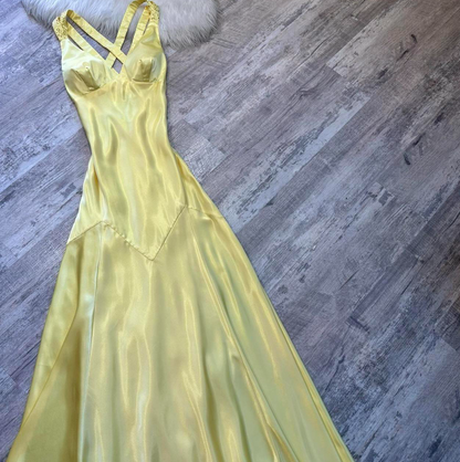 Vintage A-Line Yellow Formal Dresses, V Neck A-Line Long  Guest Dresses, Open Back Evening Gowns ED04371