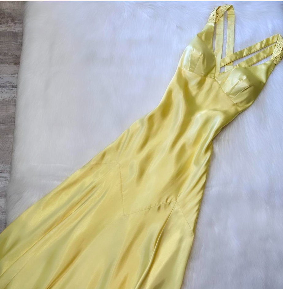 Vintage A-Line Yellow Formal Dresses, V Neck A-Line Long  Guest Dresses, Open Back Evening Gowns ED04371