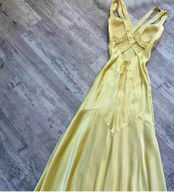 Vintage A-Line Yellow Formal Dresses, V Neck A-Line Long  Guest Dresses, Open Back Evening Gowns ED04371