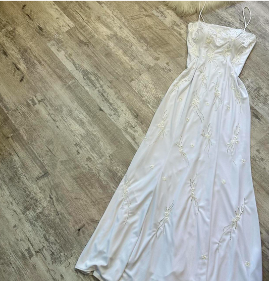 Vintage White Formal Dresses,Spaghetti Straps Sheath Guest Dresses, Beaded Long Prom Dresses ED04372