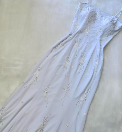 Vintage White Formal Dresses,Spaghetti Straps Sheath Guest Dresses, Beaded Long Prom Dresses ED04372
