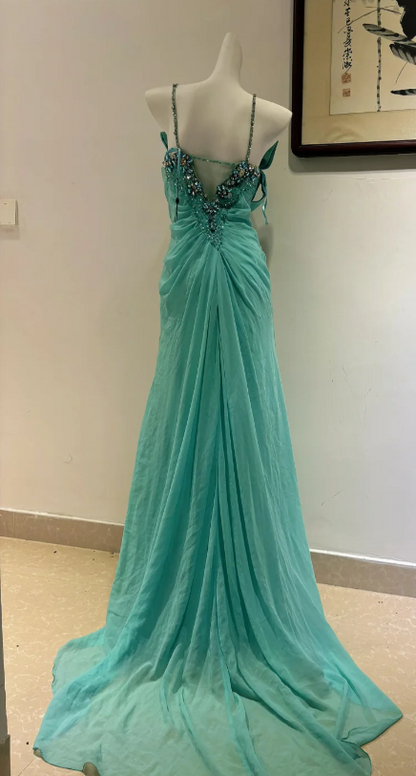Strapless Sheath Chiffon Long Prom Dresses, Turquoise Formal Evening Dresses HZ1024