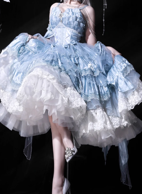 Straps Ball Gown Lace Tulle Birthday Dresses Cute Blue Lolita Dresses HZ1024